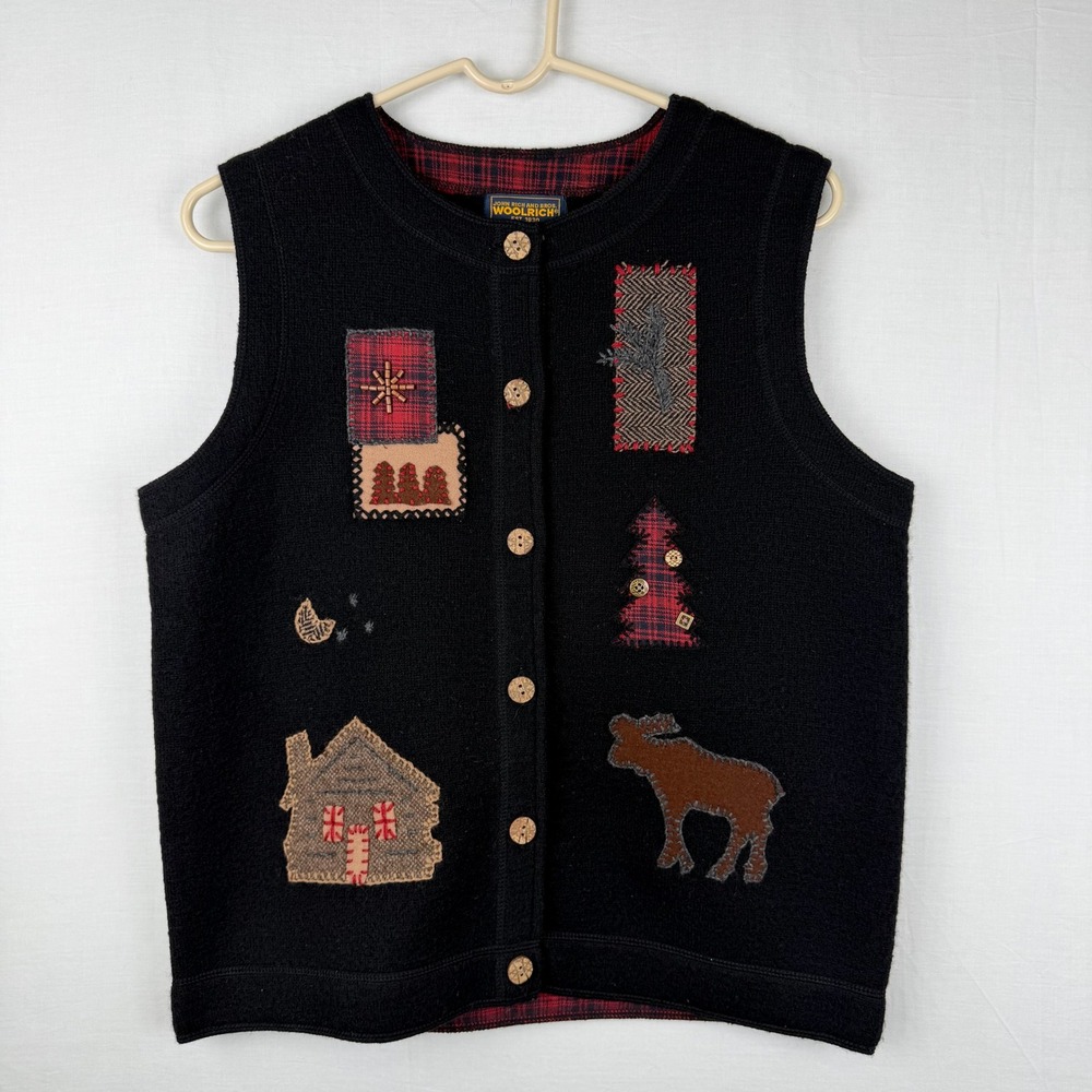 Woolrich Womens Black Wool Patchwork Cabin Moose Sweater Vest Medium